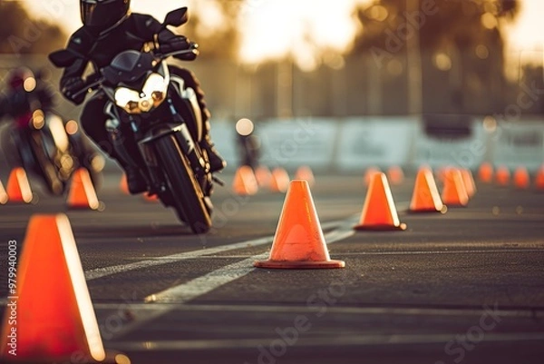 Fototapeta Motorcycle training with cones in motordrome