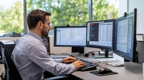 Fototapeta A professional man types intently at his desk, engaged with three computer monitors displaying data in a bright, contemporary office with large windows