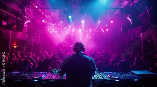 Obraz A DJ skillfully mixes tracks at a crowded electronic dance music event, surrounded by colorful lights and an energetic audience dancing and enjoying the music