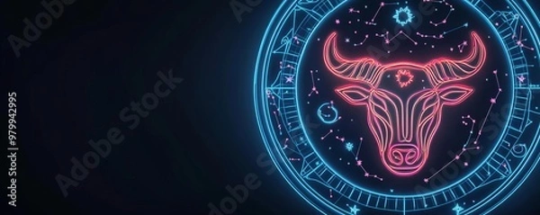 Obraz Neon zodiac signs, virtual constellation map, dark background