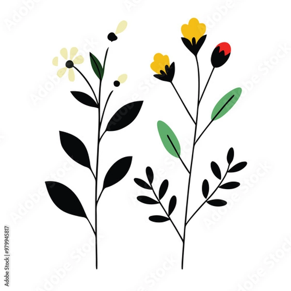 Obraz floral illustrations featuring different flowers and foliage on a white background 