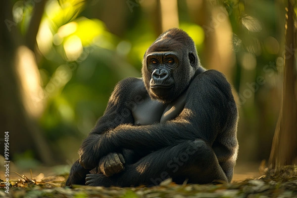 Fototapeta Gorilla sitting peacefully in a forest clearing