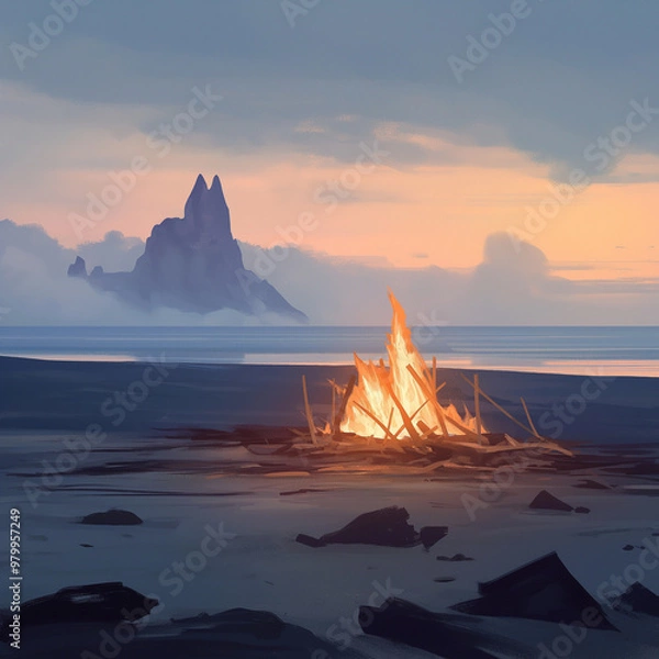 Fototapeta 浜辺でたき火。夕方。朝方。