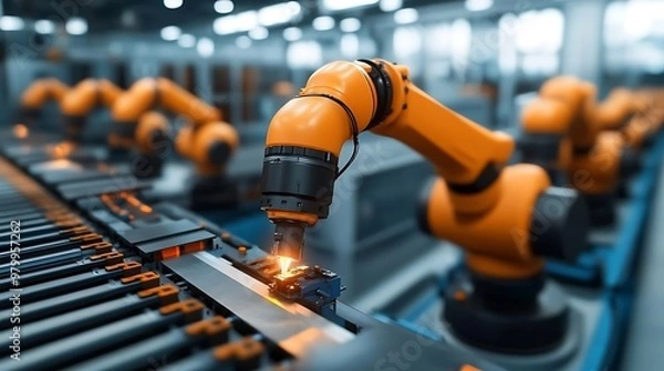 Obraz Industrial robots performing repetitive tasks with precision on a fully automated production line.