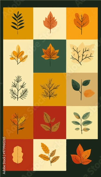 Fototapeta Colorful grid of stylized autumn leaves in warm tones. Perfect for seasonal branding or fall-themed design projects.