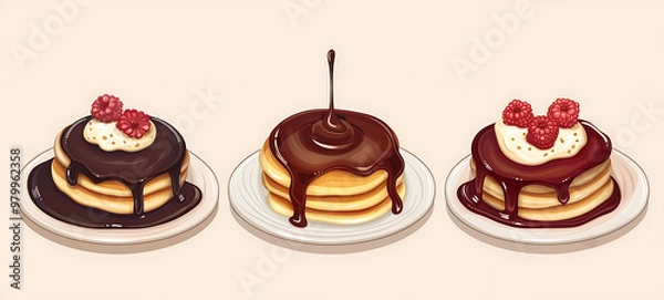 Fototapeta Collection of Three Pancake Dishes with Different Toppings Including Fresh Fruit, Maple Syrup, and Whipped Cream, Showcasing a Delicious Array of Breakfast Choices in a Beautifully Arranged Display