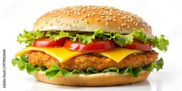 Fototapeta Close-up of a Sesame Seed Bun Burger with Lettuce, Tomato, and Cheese, Food Photography, Fast Food, Hamburger, Burger