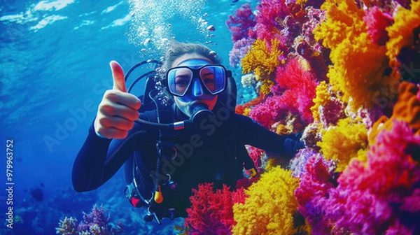 Fototapeta Portrait of diver with thumbs up gesture with colorful beautiful coral reef with sea life fishes