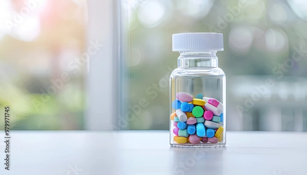 Fototapeta Clear bottle with blank label filled with colorful capsules, representing supplement branding and health products