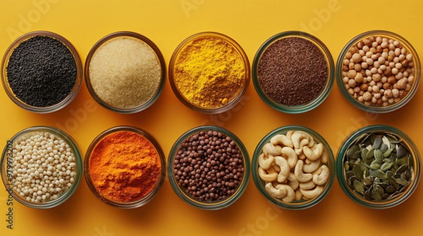 Fototapeta Illustration AI assortment of spices, seeds, and nuts in glass bowls. Veganism, diet, healthy.