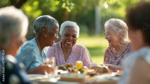 Obraz Elderly friends from diverse backgrounds enjoying a joyful picnic in a sunny park