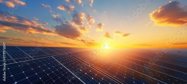 Fototapeta A solar farm, with rows of gleaming solar panels arranged on a vast open field