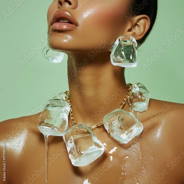 Obraz Fashion portrait of a woman wearing melting ice cube jewelry, avant-garde style