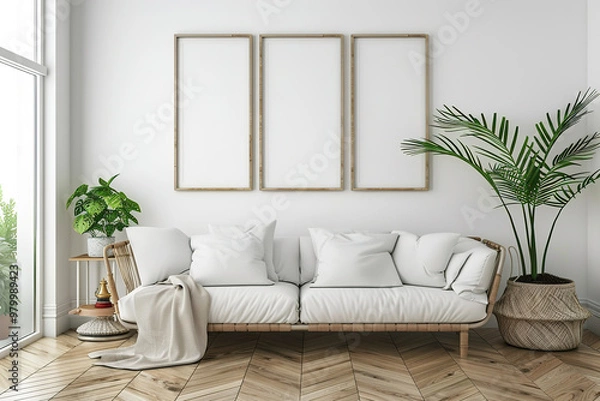 Fototapeta A white couch with three empty frames on it and a potted plant in the background.,