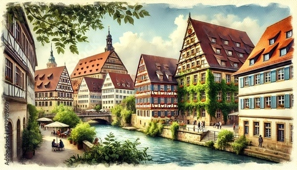 Fototapeta A watercolor painting of the University of Tübingen, featuring traditional German architecture, ivy-covered walls, and a serene campus.