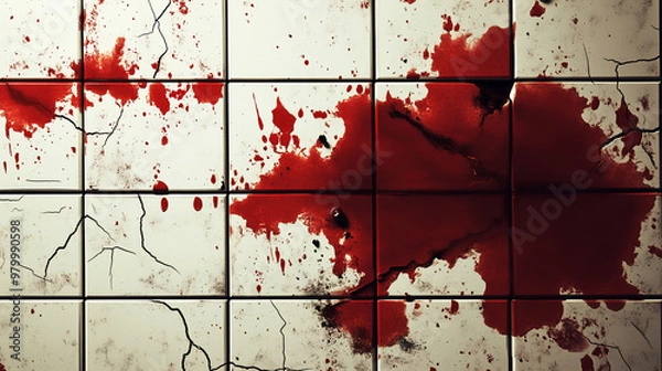 Fototapeta Crime Scene Grunge Red Splatter on White Tiled Background