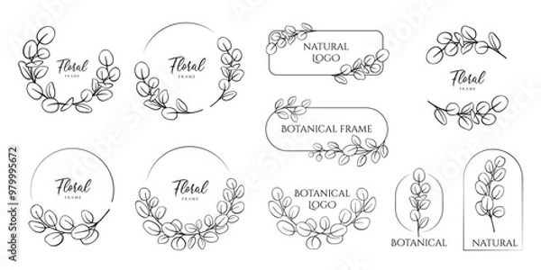 Obraz Hand drawn floral frames with flowers, branch and leaves. Elegant logo template. Delicate botanical borders and wreaths in line art and silhouette style. Vector illustration for invitation, card, logo