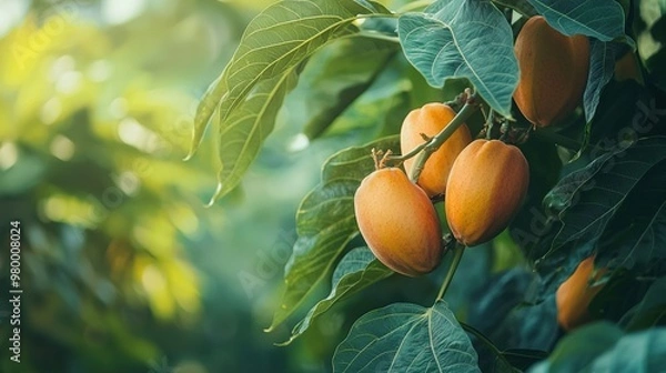 Obraz   A tree laden with numerous fruits atop a green foliage-covered tree bursting with fruits