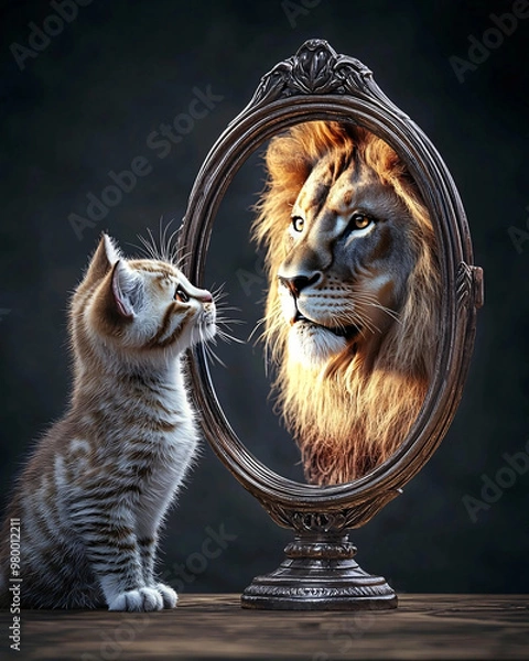 Fototapeta A small kitten looks into a mirror, where the reflection shows a majestic lion staring back, symbolizing inner strength, confidence, and self-perception