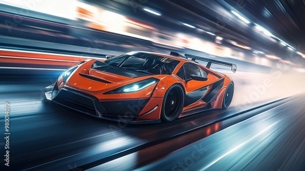 Fototapeta A sports car with an aggressive stance and aerodynamic design in a high-speed setting