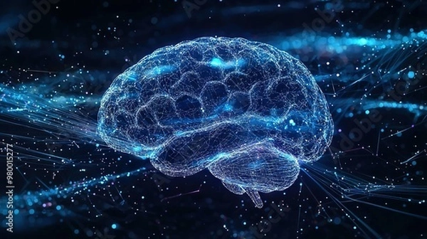 Obraz   A brain in the center, networked by lines and dots on a computer-generated image