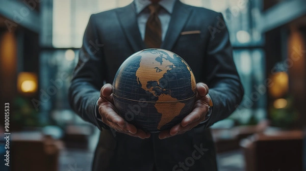 Obraz businessman holds a globe with both hands with background of luxury office building
