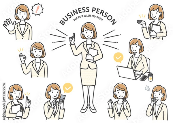 Obraz 女性会社員の表情や仕草のイラストセット