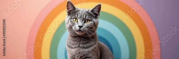 Fototapeta A charming gray cat sits confidently in front of a vibrant rainbow backdrop, perfect for whimsical pet-related projects and colorful marketing campaigns.