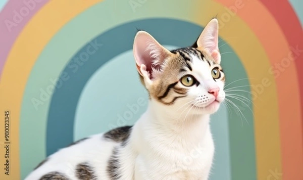 Fototapeta A charming young cat poses in front of colorful rainbows, embodying joy and playfulness, perfect for pet-related marketing or cheerful designs.