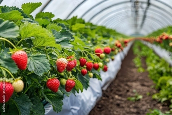 Fototapeta A plastic covered structure with extended lines of strawberry plants