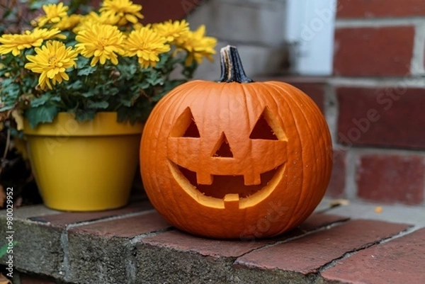 Obraz Jack O Lantern With Yellow Flowers
