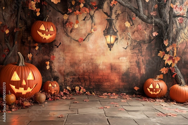 Obraz halloween background with pumpkins and bats