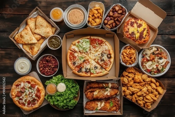 Fototapeta Aerial view of a table featuring diverse fast foods like burgers pizza and fried chicken set against a dark wooden surface