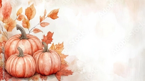 Fototapeta Watercolor Painting of Pumpkins and Leaves with a Fall Theme in a Minimalist Style. Features Autumn Colors and Copy Space for Customization.