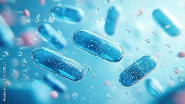 Fototapeta   A cluster of blue tablets resting atop a azure pool brimming with myriad droplets, all set upon a blue expanse