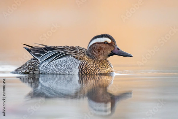Obraz garganey swimming across a pond with reflection