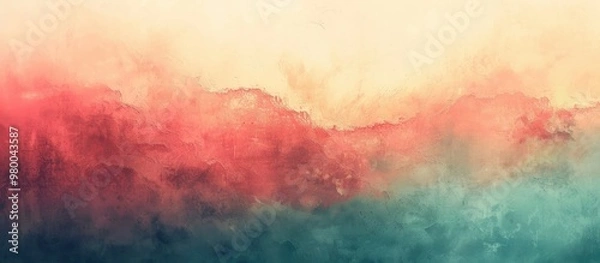 Fototapeta Dreamlike and ethereal watercolor landscape painting with a vibrant color gradient backdrop and a misty atmospheric forest scene