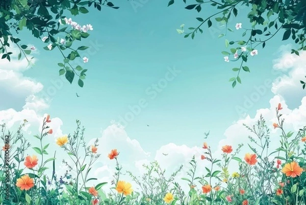 Fototapeta A Watercolor Painting of Flowers and Branches Against a Blue Sky with White Clouds