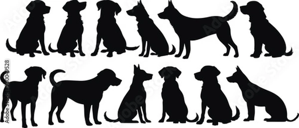 Fototapeta Vector clip art showcasing dogs in different poses, both sitting and standing, created in silhouette style. This clean and minimal design is ideal for pet-themed graphics