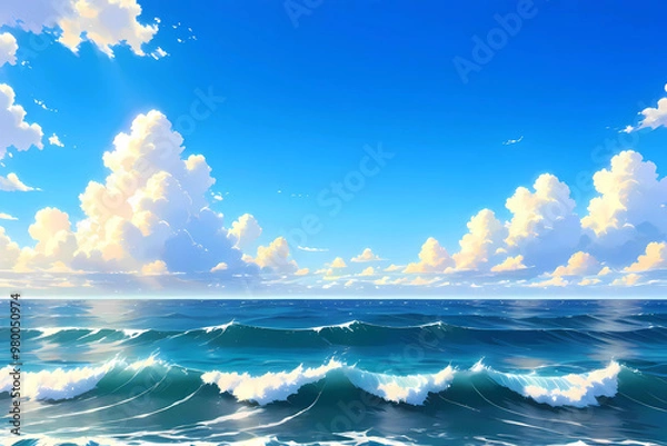 Obraz Ocean with Rolling Waves Turquoise Crest White Clouds Blue Sky and Bright Sunny Day