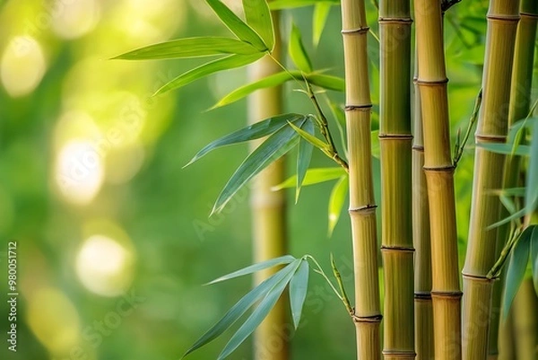 Fototapeta Closeup of green bamboo stalks in a lush forest. Nature, sustainability, and tropical vibes