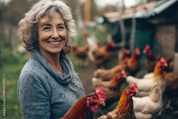 Fototapeta Content middle aged woman tending to chickens on her private farm supporting sustainable poultry practices