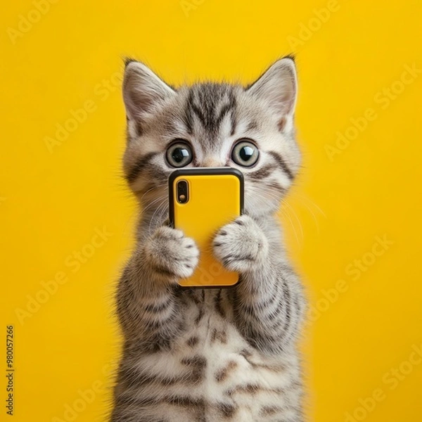 Fototapeta A cat is holding a cell phone in its mouth. The cat is looking at the camera with a surprised expression
