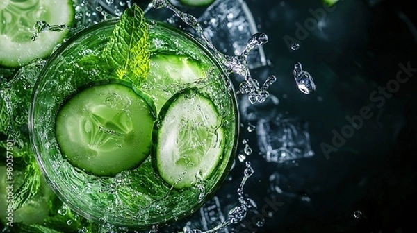 Fototapeta   Cucumber slices in a glass filled with ice and water, with water splashing on top