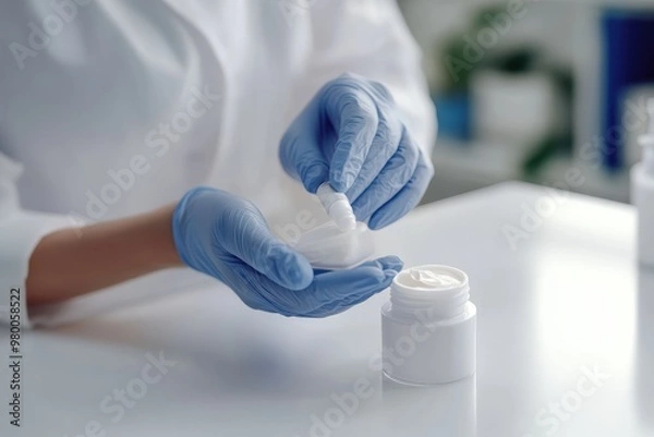 Fototapeta Dermatologist tests cosmetic cream on hand indoors at a table
