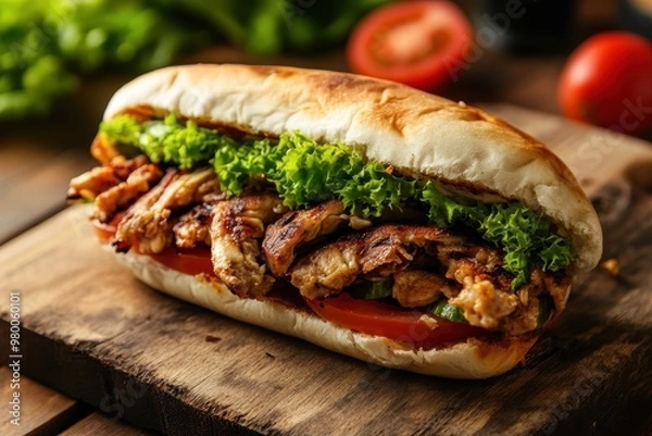 Fototapeta Detailed view of a kebab sandwich on a wooden surface