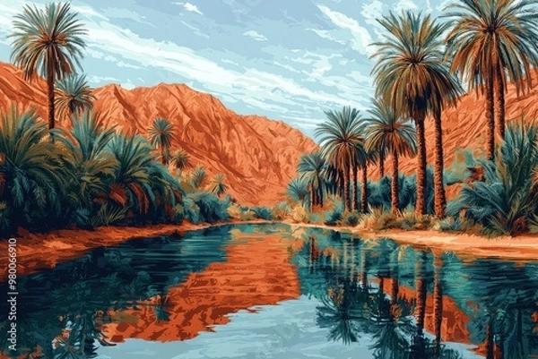 Fototapeta Palm Trees Reflecting in a Still Oasis River