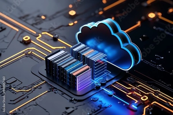 Obraz A data migration project visual, showing files being transferred between old legacy systems to new cloud databases