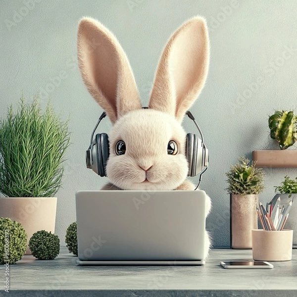 Fototapeta A determined Easter bunny glasses perched on its nose tackles coding challenges on a computer