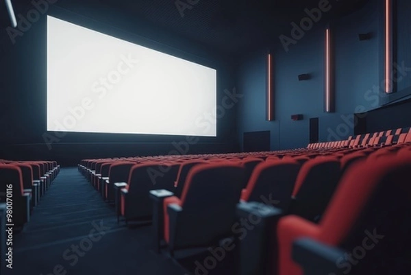 Fototapeta Interior of a cinema featuring empty seats and a plain screen 3D illustration